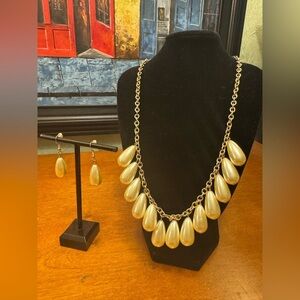 Classic Gold and Faux Pearl Teardrop Statement Necklace & Earrings Set